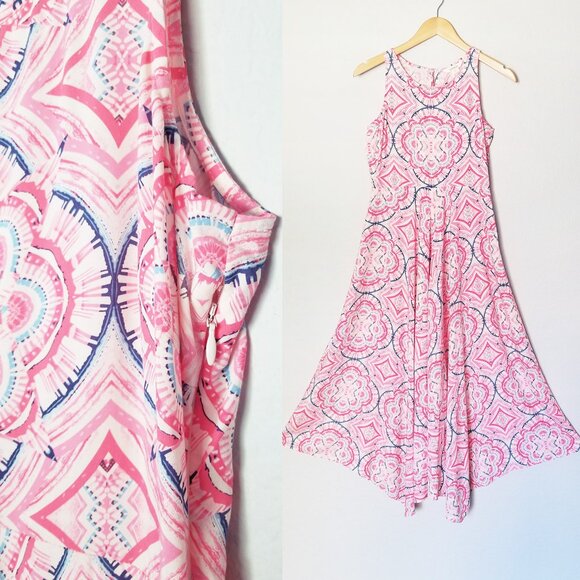 SUNDANCE Sleeveless Midi Dress 2 Powder Pink Blue Boho Print Sharkbite Hem Soft - Picture 6 of 11